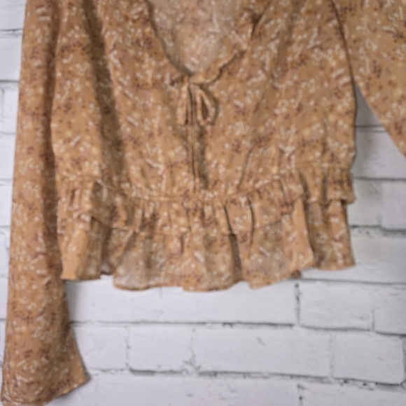 Tan Ruffled Peplum Blouse with Tie Front - Picture 4 of 6